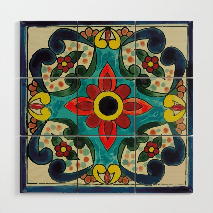 Colorful flower bouquet mexican tile floral pattern Wood Wall Art Gallery Image 1