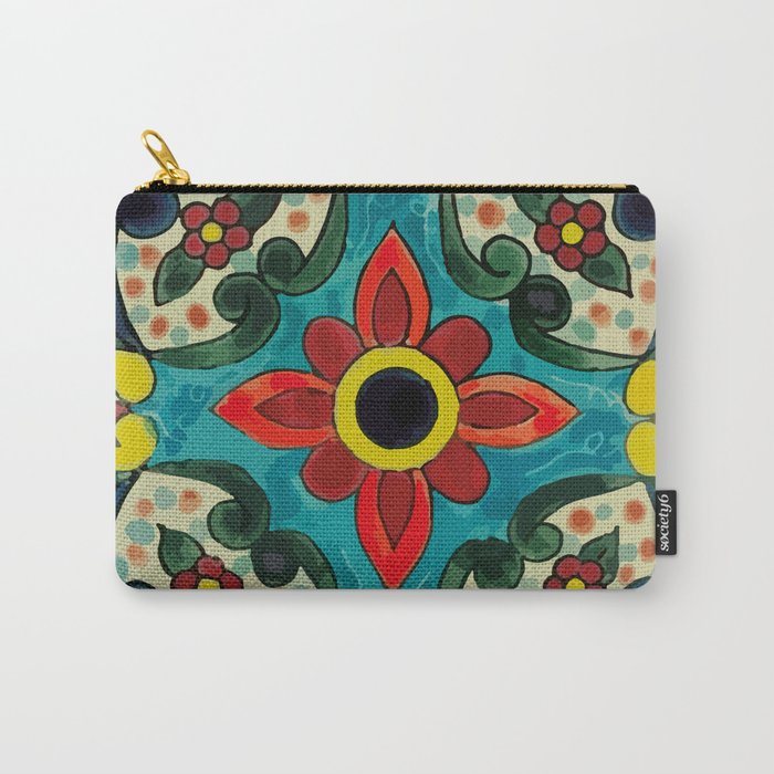 Colorful flower bouquet mexican tile floral pattern Carry All Pouch Gallery Image 1