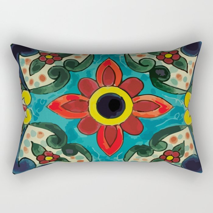 Colorful flower bouquet mexican tile floral pattern Rectangular Pillow Gallery Image 2