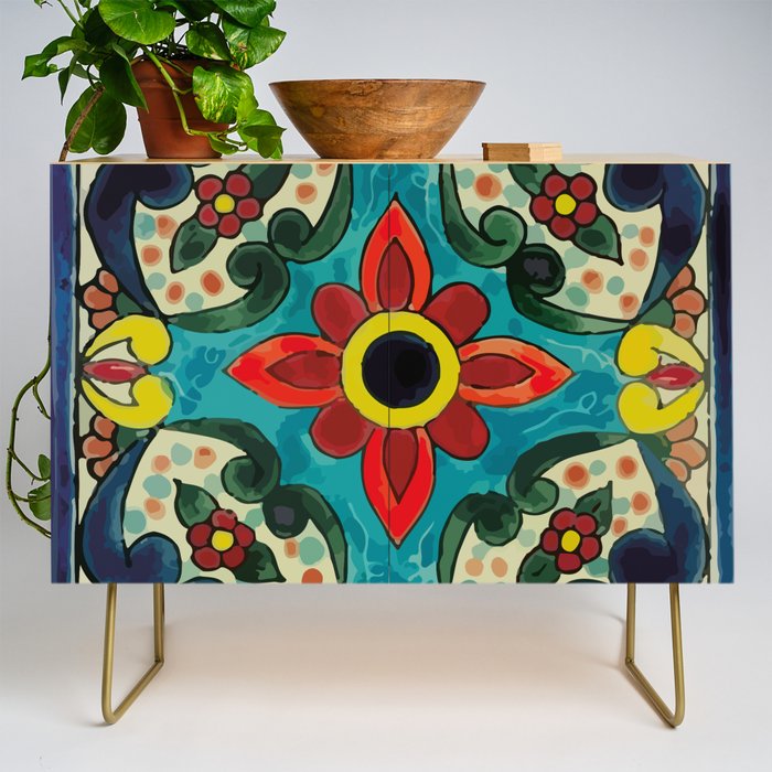 Colorful flower bouquet mexican tile floral pattern Credenza Gallery Image 1