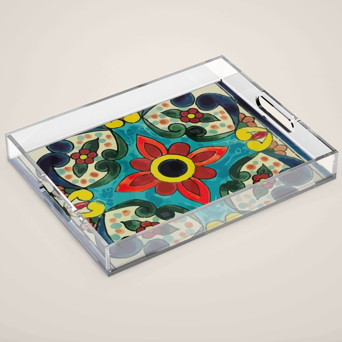 Colorful flower bouquet mexican tile floral pattern Acrylic Tray Gallery Image 1