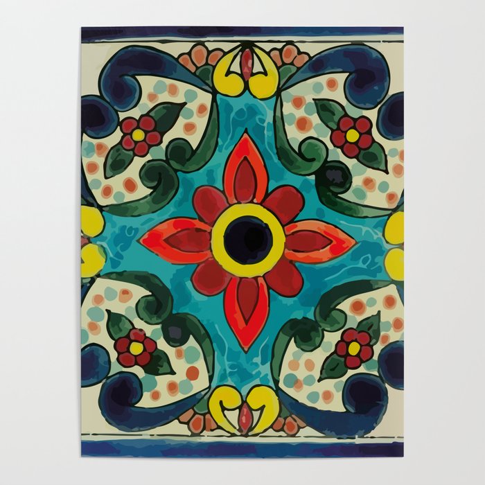 Colorful flower bouquet mexican tile floral pattern Poster Gallery Image 4