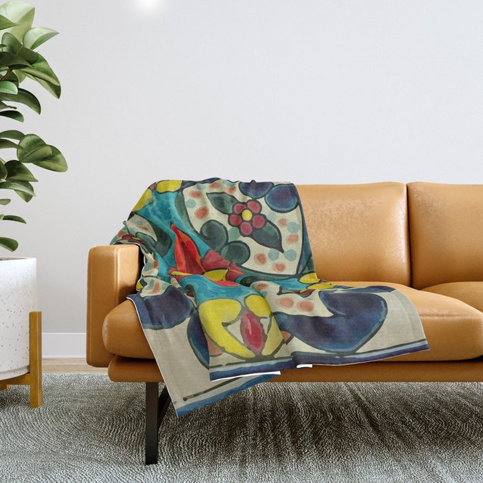 Colorful flower bouquet mexican tile floral pattern Throw Blanket Gallery Image 1