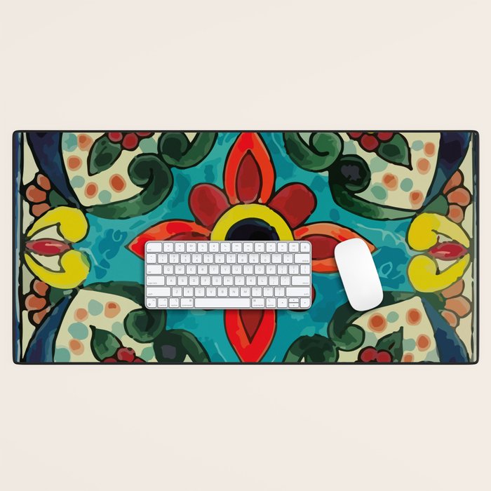 Colorful flower bouquet mexican tile floral pattern Desk Mat Gallery Image 1