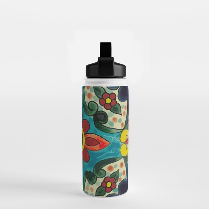 Colorful flower bouquet mexican tile floral pattern Water Bottle Gallery Image 2