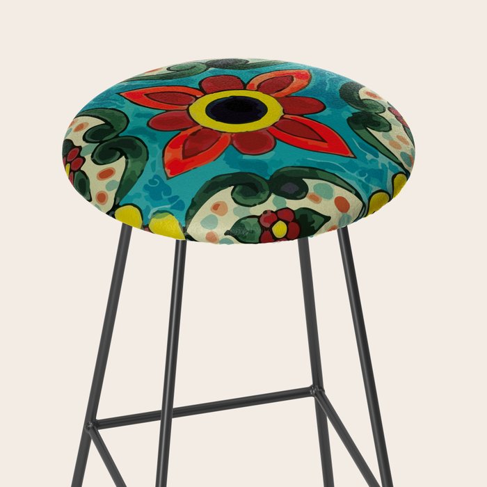 Colorful flower bouquet mexican tile floral pattern Stool Gallery Image 2