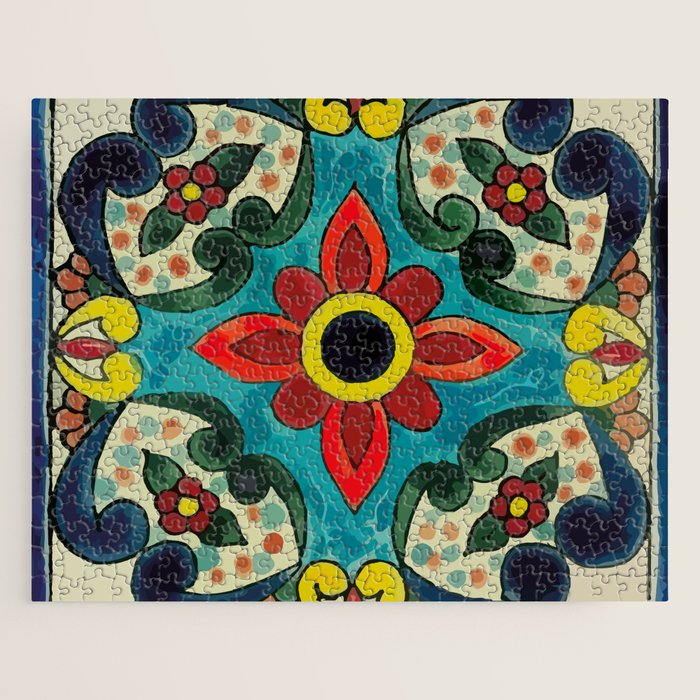 Colorful flower bouquet mexican tile floral pattern Jigsaw Puzzle Gallery Image 1
