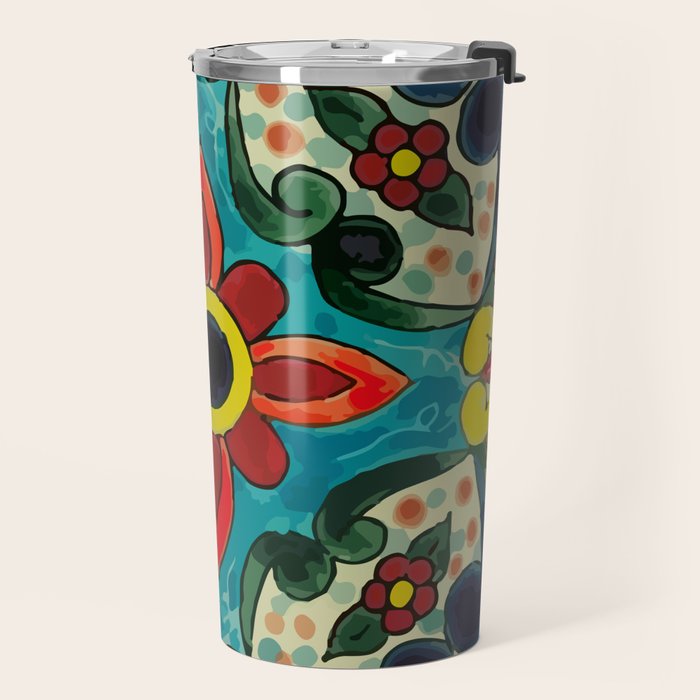 Colorful flower bouquet mexican tile floral pattern Travel Mug Gallery Image 2