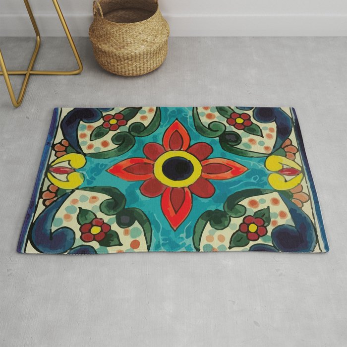 Colorful flower bouquet mexican tile floral pattern Rug Gallery Image 1