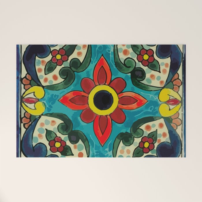 Colorful flower bouquet mexican tile floral pattern Welcome Mat Gallery Image 1