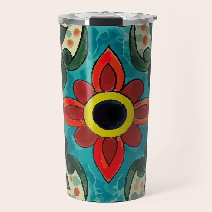 Colorful flower bouquet mexican tile floral pattern Travel Mug Gallery Image 1