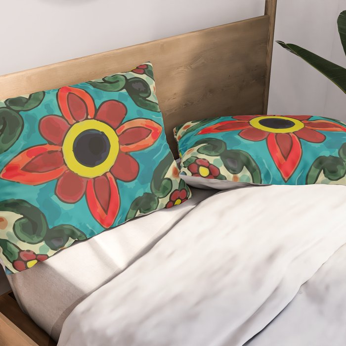 Colorful flower bouquet mexican tile floral pattern Pillow Sham Gallery Image 2