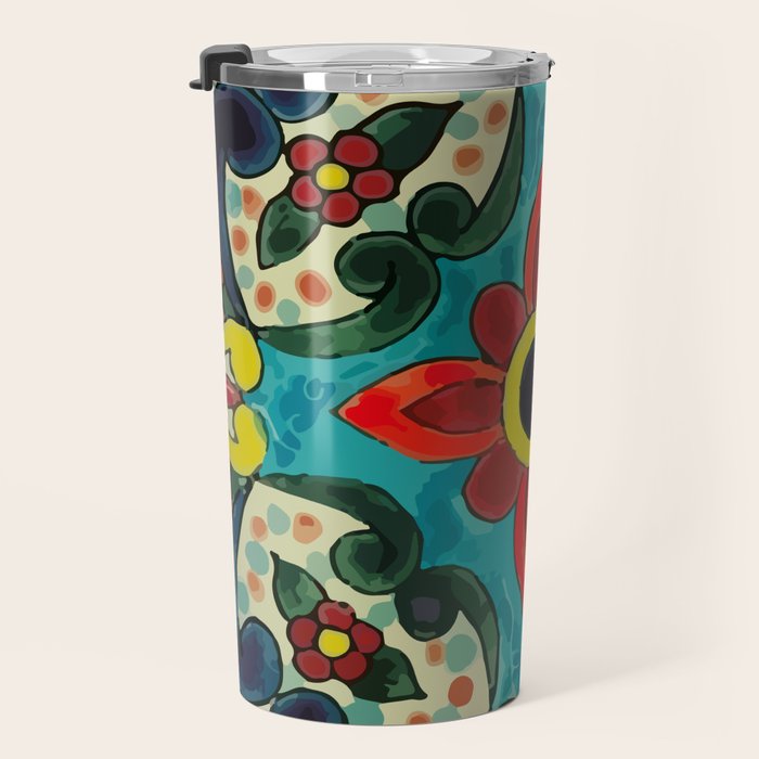 Colorful flower bouquet mexican tile floral pattern Travel Mug Gallery Image 3