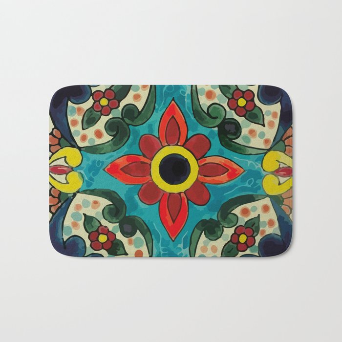 Colorful flower bouquet mexican tile floral pattern Bath Mat Gallery Image 1