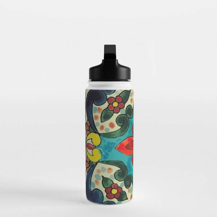 Colorful flower bouquet mexican tile floral pattern Water Bottle Gallery Image 3