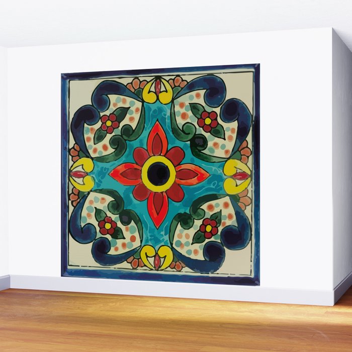 Colorful flower bouquet mexican tile floral pattern Wall Mural Gallery Image 2