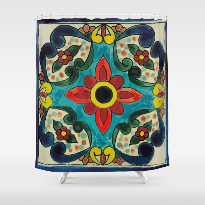 Colorful flower bouquet mexican tile floral pattern Shower Curtain Gallery Image 1