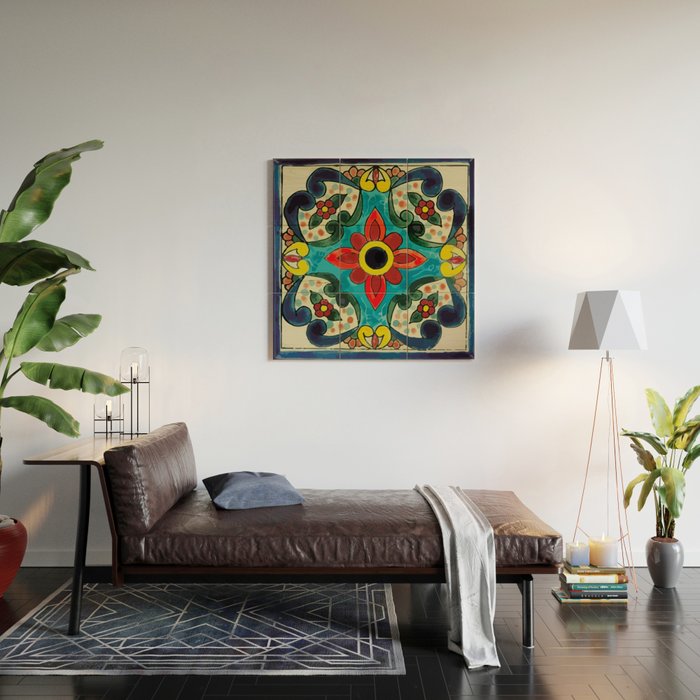 Colorful flower bouquet mexican tile floral pattern Wood Wall Art Gallery Image 2