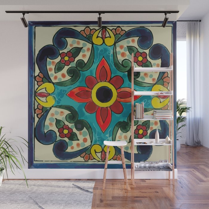 Colorful flower bouquet mexican tile floral pattern Wall Mural Gallery Image 1