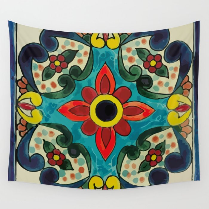 Colorful flower bouquet mexican tile floral pattern Wall Tapestry Gallery Image 4