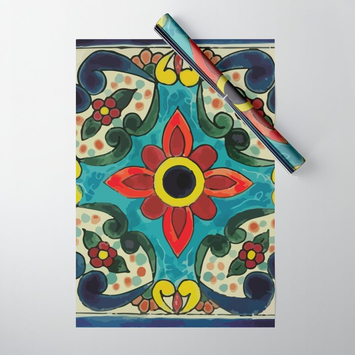 Colorful flower bouquet mexican tile floral pattern Wrapping Paper Gallery Image 1