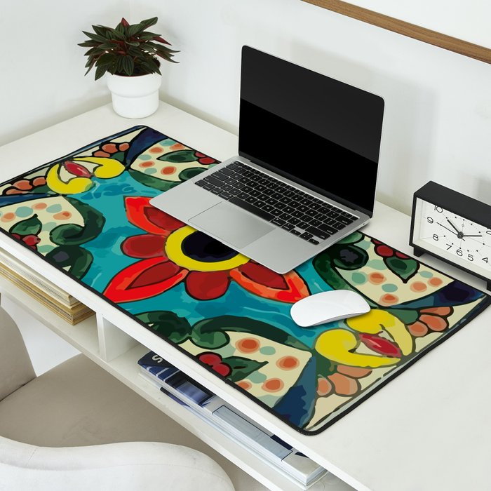 Colorful flower bouquet mexican tile floral pattern Desk Mat Gallery Image 2