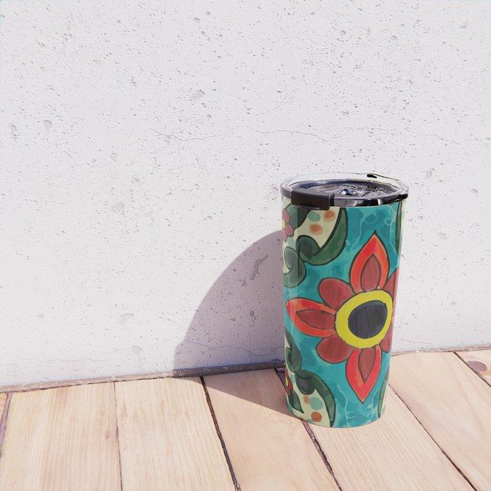 Colorful flower bouquet mexican tile floral pattern Travel Mug Gallery Image 4