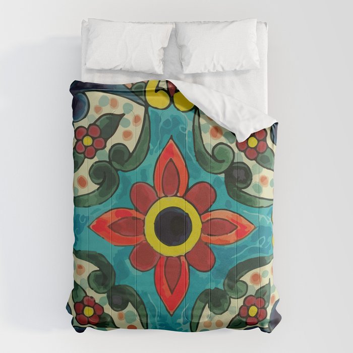Colorful flower bouquet mexican tile floral pattern Comforter Gallery Image 1