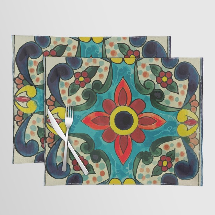 Colorful flower bouquet mexican tile floral pattern Placemat Gallery Image 1