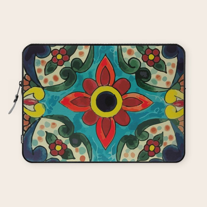 Colorful flower bouquet mexican tile floral pattern Laptop Sleeve Gallery Image 1