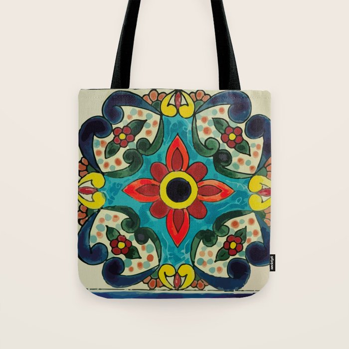 Colorful flower bouquet mexican tile floral pattern Tote Bag Gallery Image 1