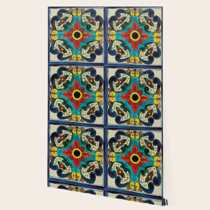 Colorful flower bouquet mexican tile floral pattern Wallpaper Gallery Image 2