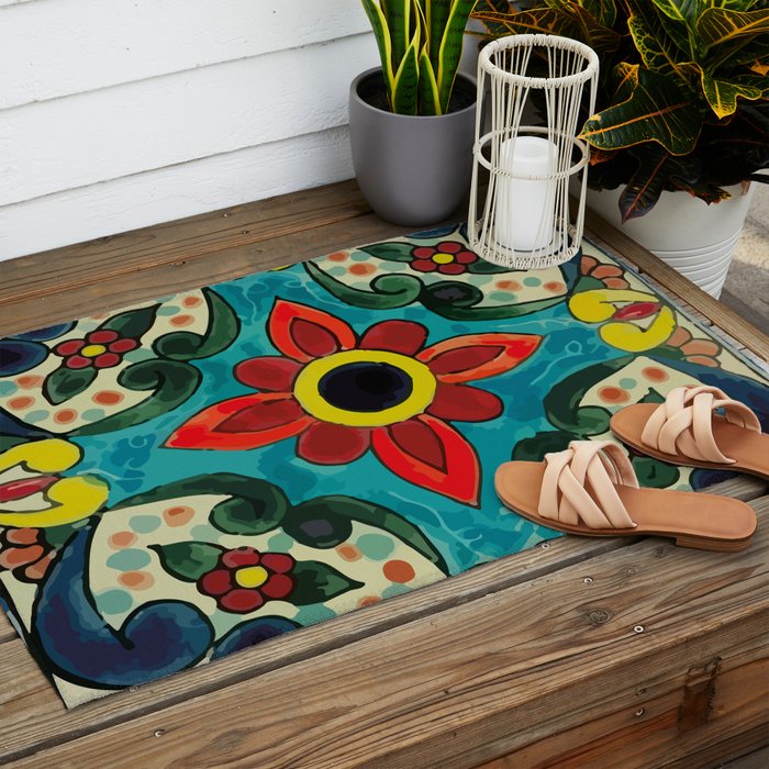 Colorful flower bouquet mexican tile floral pattern Outdoor Rug Gallery Image 2