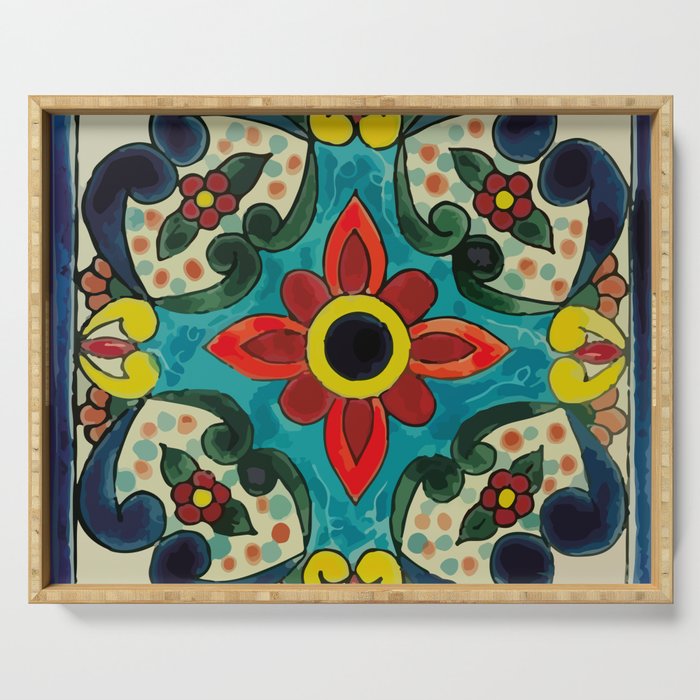 Colorful flower bouquet mexican tile floral pattern Serving Tray Gallery Image 1