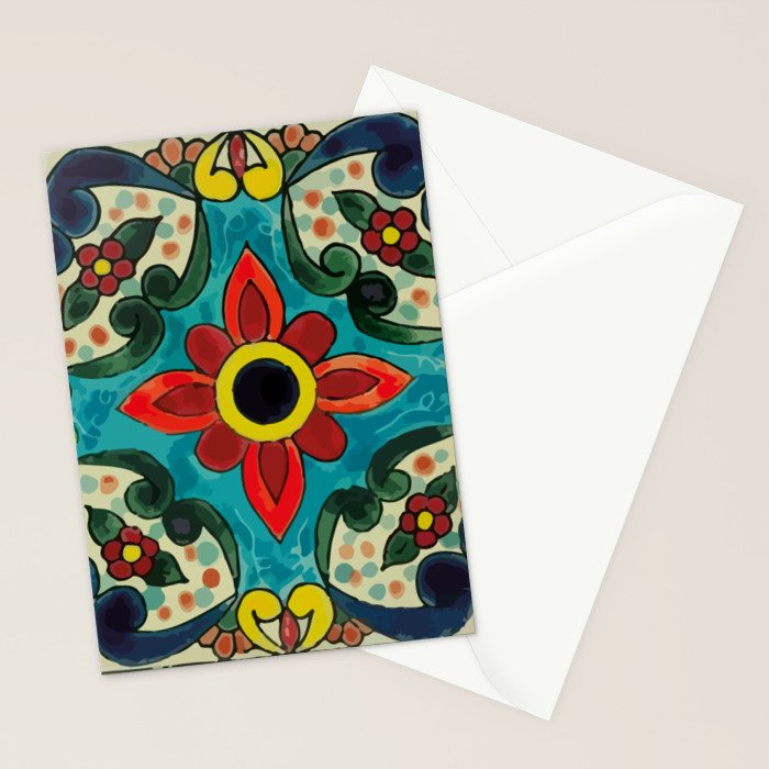 Colorful flower bouquet mexican tile floral pattern Stationery Card Gallery Image 2