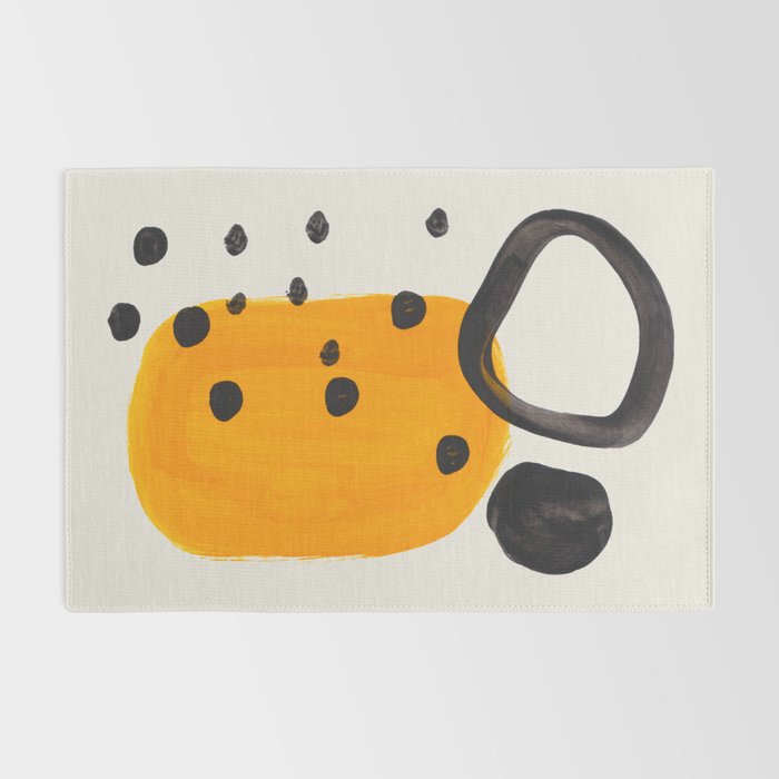 Unique Abstract Unique Mid century Modern Yellow Mustard Black Ring Dots Rug Gallery Image 2
