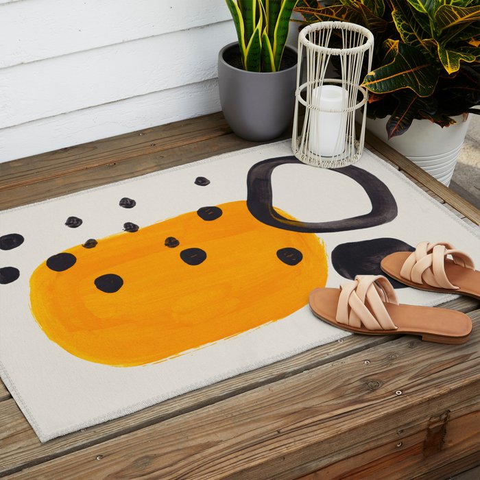 Unique Abstract Unique Mid century Modern Yellow Mustard Black Ring Dots Outdoor Rug Gallery Image 2