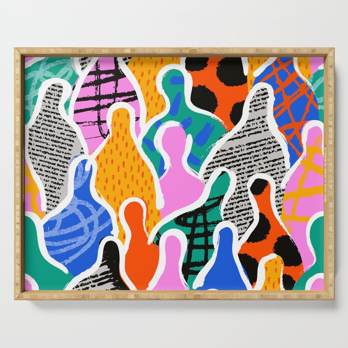 Colorful diverse people collage art pattern Serving Tray Gallery Image 1