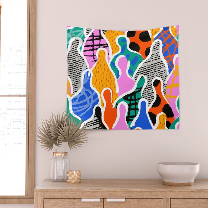 Colorful diverse people collage art pattern Wall Tapestry Gallery Image 2