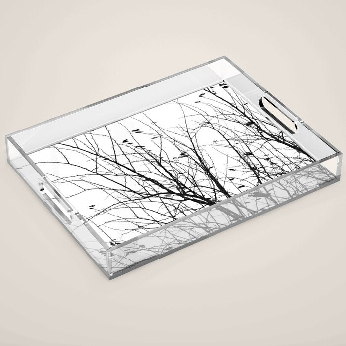 Black white tree branch bird nature pattern Acrylic Tray Gallery Image 1