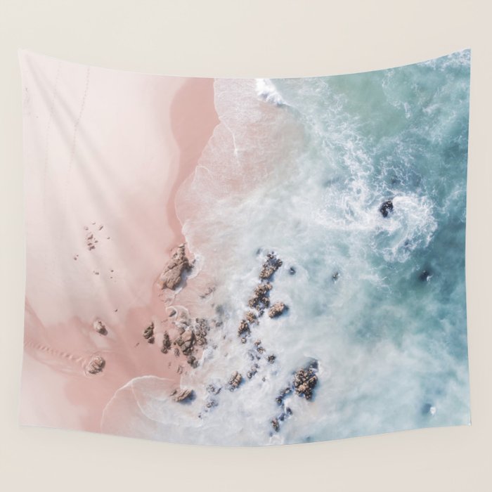 Aerial Beach Print - Pink Sand Beach - Ocean -  Sea Travel photography - Original Sea Bliss Wall Tapestry Gallery Image 1