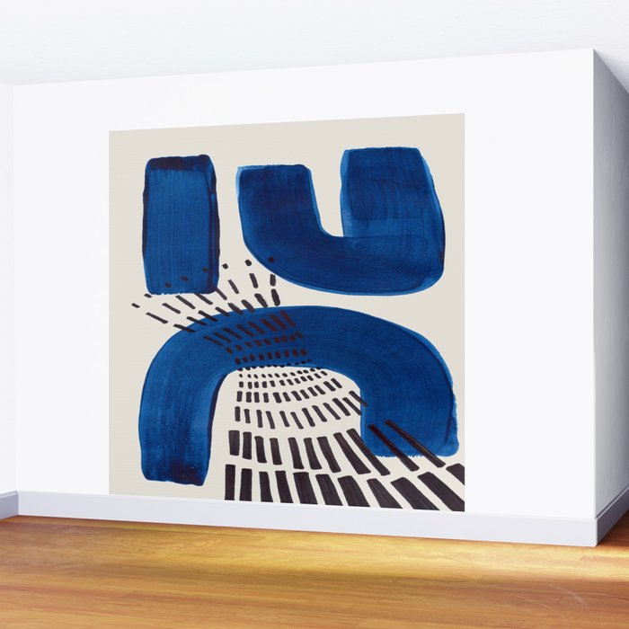Colorful Mid Century Modern Abstract Fun Shapes Patterns Navy Blue Abstract Expressionism Wall Mural Gallery Image 2
