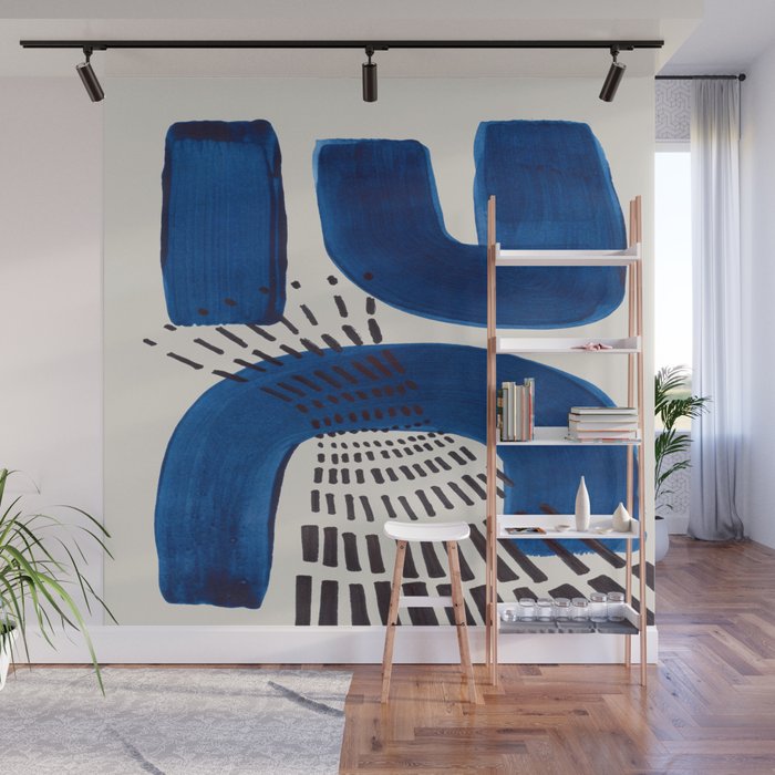 Colorful Mid Century Modern Abstract Fun Shapes Patterns Navy Blue Abstract Expressionism Wall Mural Gallery Image 1
