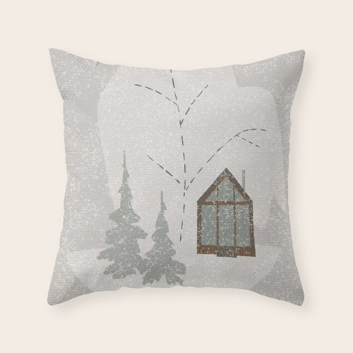 a wooden house in a snowy forest Throw Pillow Gallery Image 1