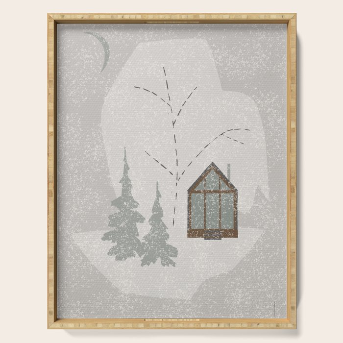 a wooden house in a snowy forest Serving Tray Gallery Image 1