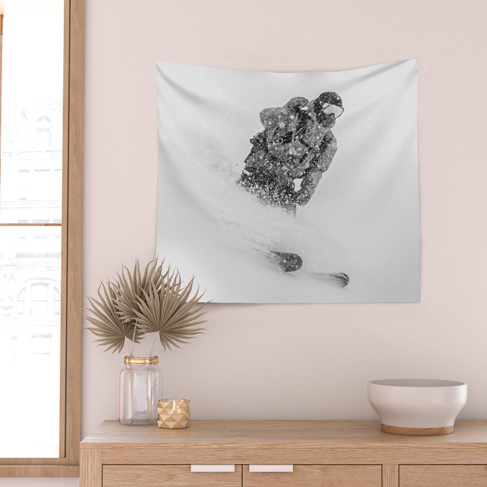 Ski Powder // Black and White Snowy Colorado Backcountry Skiing Whiteout Snowing Wall Tapestry Gallery Image 2