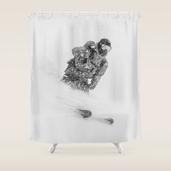 Ski Powder // Black and White Snowy Colorado Backcountry Skiing Whiteout Snowing Shower Curtain Gallery Image 1