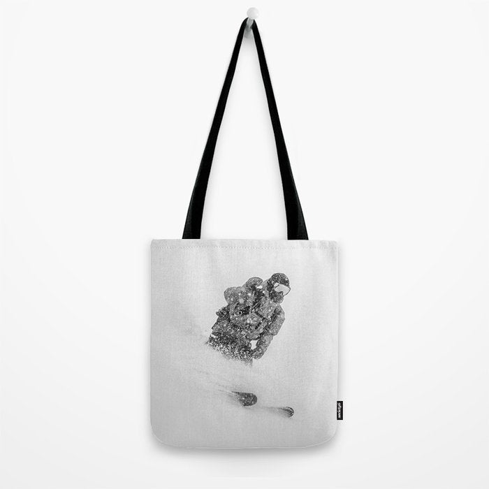 Ski Powder // Black and White Snowy Colorado Backcountry Skiing Whiteout Snowing Tote Bag Gallery Image 2