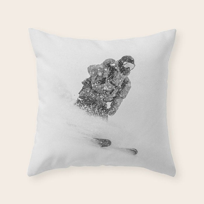Ski Powder // Black and White Snowy Colorado Backcountry Skiing Whiteout Snowing Throw Pillow Gallery Image 6
