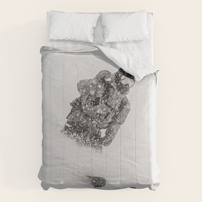 Ski Powder // Black and White Snowy Colorado Backcountry Skiing Whiteout Snowing Comforter Gallery Image 6
